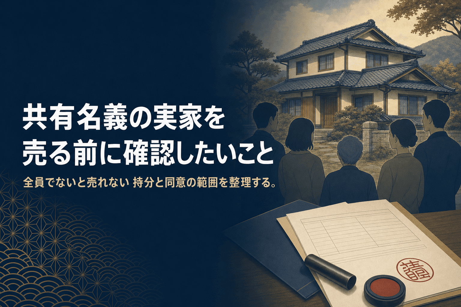 共有名義の実家で確認したいことを解説する記事のアイキャッチ。日本家屋と家族、書類と印鑑のイラスト