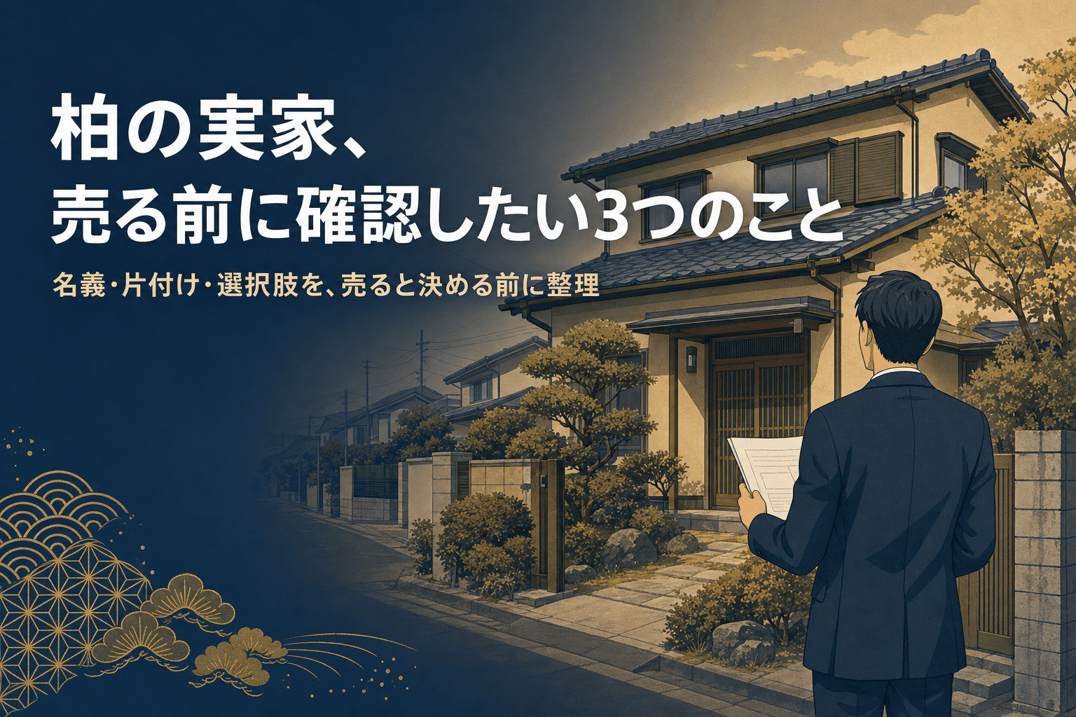 柏の実家、今確認したい3つのこと(名義・片付け・選択肢の整理)を示すイラスト